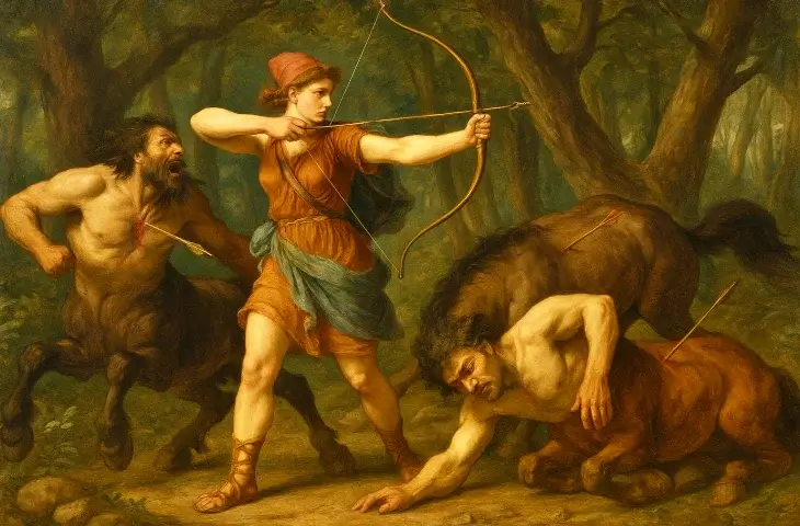 Ormanda yayıyla iki kentaura ok atan kadın avcı Atalante’yi gösteren klasik tarzda bir tablo; biri yere yığılmış, diğeri acı içinde geri çekilen kentaurlar orman fonunda görülüyor.